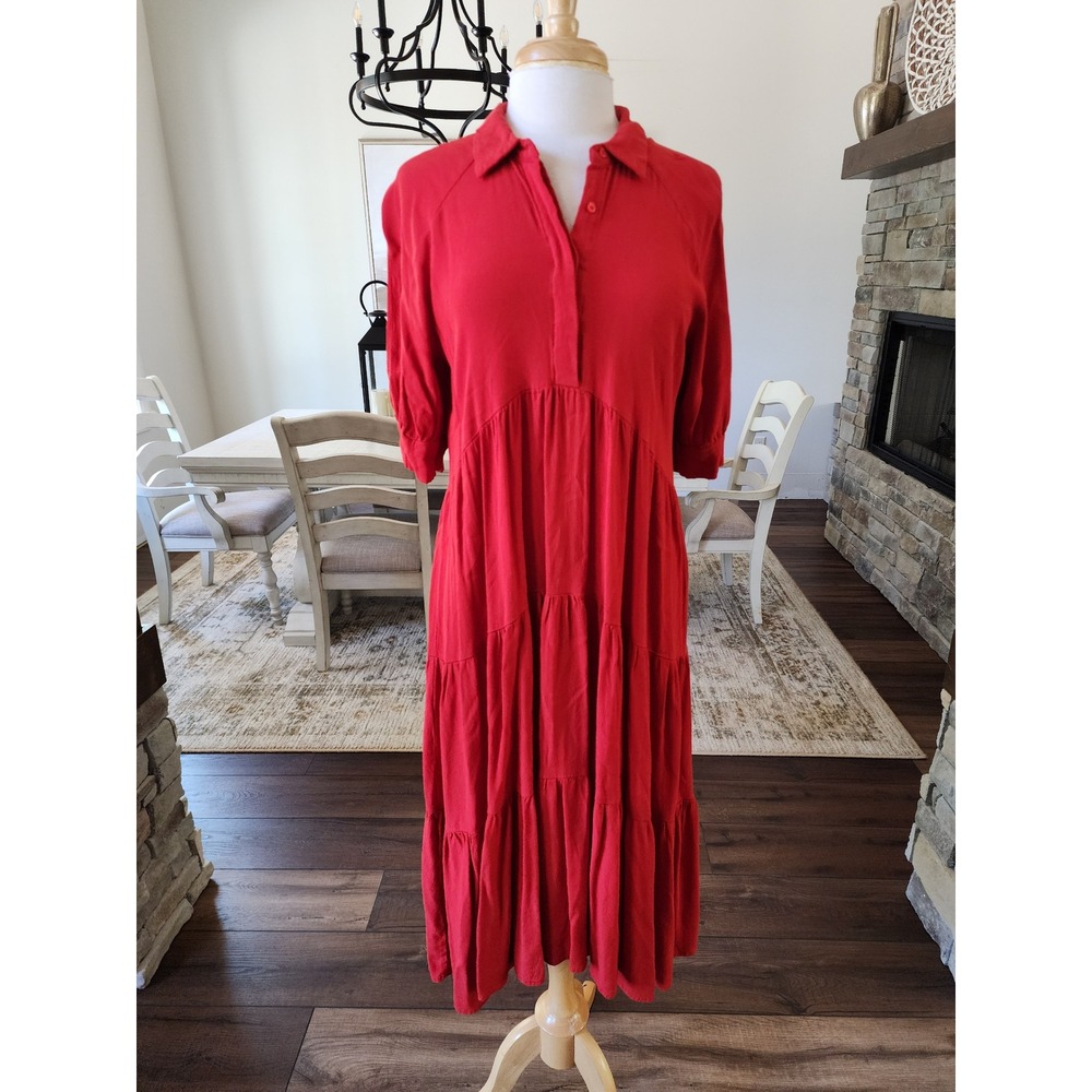 A Loves A Red Orange Tiered Midi Dress Womens Large Collared Elbow Sleeve Boho